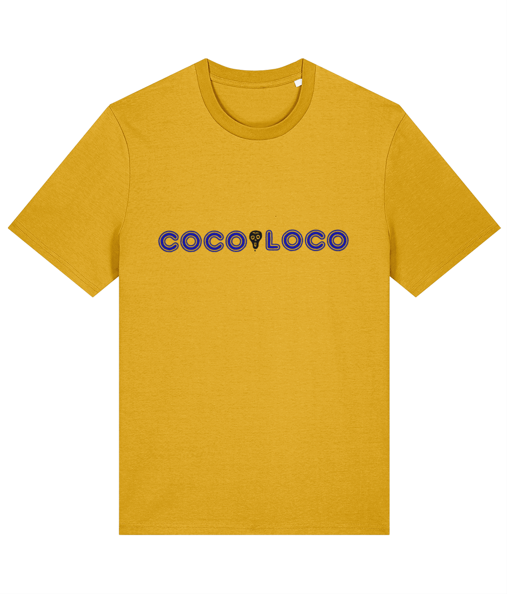 The words coco loco separated by the lazybones skull, the text is in blue and the skull in black on a spectra yellow T-shirt.