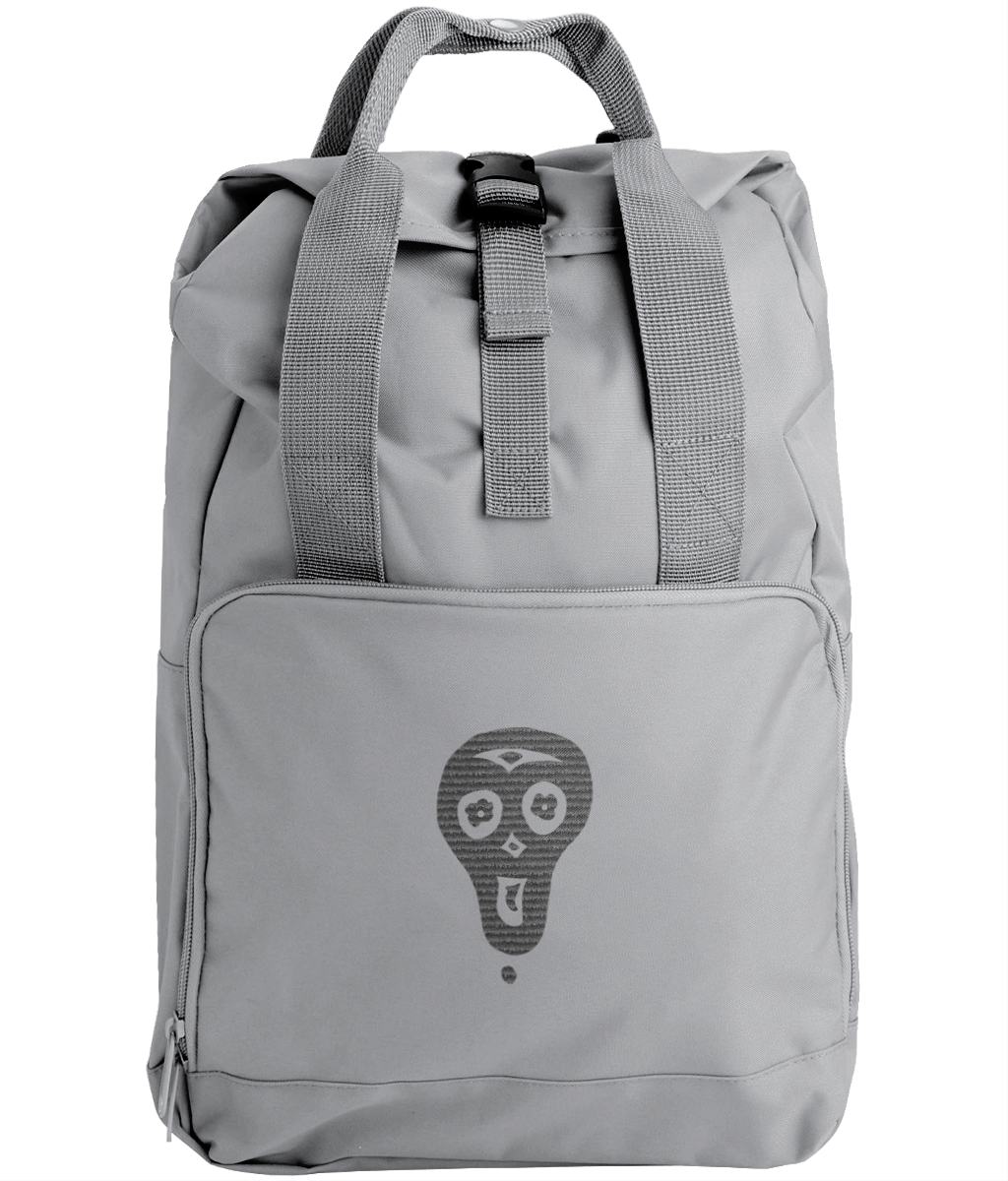 LzBc Accessories & Homeware Light Grey Light Grey Embroidered Twin Handle Roll-Top Backpack with Male Skull in Black